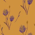 Seamless pattern of wild, small blue flowers and  branches on a deep orange background. Watercolor Royalty Free Stock Photo