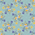 Seamless pattern wild small blue and yellow flowers on a turquoise background. Ornament. Watercolor Royalty Free Stock Photo