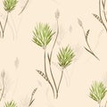 Seamless pattern of wild, small green and gray flowers and branches on a light beige background. Watercolor Royalty Free Stock Photo