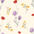 Seamless pattern of wild small red and violet flowers and yellow branches on a light yellow background. Watercolor Royalty Free Stock Photo