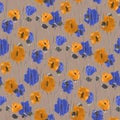 Seamless pattern of wild small yellow and blue flowers of poppy on a deep beige background. Watercolor -3 Royalty Free Stock Photo