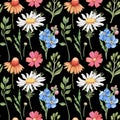 Seamless pattern with wild summer flowers on black