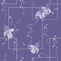 Seamless pattern of wild violet flowers and leaves on a deep violet background with geometric figures. Watercolor - 1