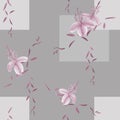 Seamless pattern of wild violet flowers and leaves on a gray background with geometric figures. Watercolor Royalty Free Stock Photo