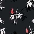 Seamless pattern of wild white and flowers with red butterfly on the black background. Watercolor -1 Royalty Free Stock Photo