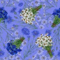 Seamless pattern with wildflowers chamomile and cornflowers. Watercolor hand drawn illustration. On a blue background