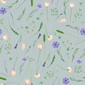 Seamless pattern with wildflowers, eustoma and cornflowers Royalty Free Stock Photo