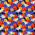 Seamless pattern with wildflowers: poppy, cornflower, chamomile and herbs