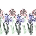 Wildflowers seamless pattern. Rose and iris. Line art. Watercolor spots and colors. Vector illustration