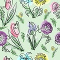 Seamless pattern Wildflowers. Roses, lilies, tulips. Line art. On white background.  Hand-drawn with a pen. Royalty Free Stock Photo