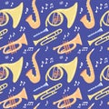 Seamless pattern with wind musical instruments - trombone, trumpet, saxophone, french horn on dark blue background. Vector flat