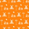 Seamless pattern with windmill, bicycle, lantern