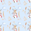 Seamless pattern with windmills, wheat spikelets and grains