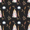 Seamless pattern with windmills, wheat spikelets and grains