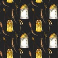 Seamless pattern with windmills and wheat spikelets