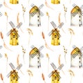 Seamless pattern with windmills and wheat spikelets