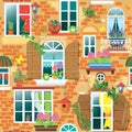 Seamless pattern with Windows and flowers in pots.