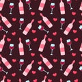 Seamless pattern with wine bottle and wine glass and hearts on pink dark background. Backdrop for wallpaper, print Royalty Free Stock Photo