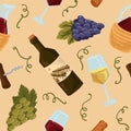 Seamless pattern with wine bottle, grape, glass of white and red wine. Winery vector illustration Royalty Free Stock Photo