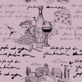 Seamless pattern Wine grape branche, bottles, glasses, vineyard, unreadable text, wooden barrel, chees, corkscrew Royalty Free Stock Photo