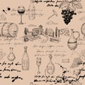 Seamless pattern Wine grape branche, bottles, glasses, vineyard, unreadable text, wooden barrel, chees, corkscrew Royalty Free Stock Photo