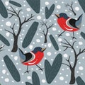 Seamless Pattern. Winter. Birdss, spruce, berries, fir and trees