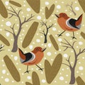 Seamless Pattern. Winter. Birdss, spruce, berries, fir and trees