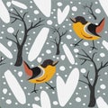 Seamless Pattern. Winter. Birdss, spruce, berries, fir and trees