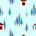 Seamless pattern with winter blue fir trees and white house. Black background. Cartoon flat style. Garden or forest. Merry Royalty Free Stock Photo