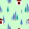 Seamless pattern with winter blue fir trees and white house. Green background. Cartoon flat style. Garden or forest. Merry Royalty Free Stock Photo