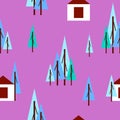Seamless pattern with winter blue fir trees and white house. Violet background. Cartoon flat style. Garden or forest. Merry