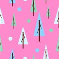 Seamless pattern winter blue and green fir trees. Pink background. Flat style. Garden or forest. Nature and ecology. Merry Royalty Free Stock Photo