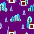 Seamless pattern with winter blue trees and white house. Violet background. Cartoon flat style. Garden or forest. Merry Christmas