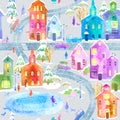 Seamless pattern with winter city map,road,park and lake.