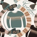 Seamless pattern with winter clothing. Warm woollies. Clothes for cold weather. Mittens,hats, scarf, sweaters