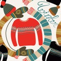 Seamless pattern with winter clothing. Warm woollies. Clothes for cold weather. Mittens,hats, scarf, sweaters