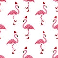 Seamless pattern with winter flamingo in Santa hat and shoes. Christmas design for cards, backgrounds, fabric, wrapping paper