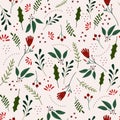 Seamless pattern of winter foliage with flowers, berries, and greenery on a cream background.