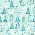 Seamless pattern with winter forest and snowflake. Watercolor winter forest background. Christmas tree pattern.