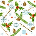 Seamless pattern with winter forest and snowflake. Watercolor winter forest background. Christmas tree pattern.