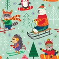 Seamless pattern winter fun with animals on sled, ski, snowboard Royalty Free Stock Photo