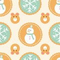 Seamless pattern of winter holiday cookies with snowmen, snowflakes, and bears on a cream background.