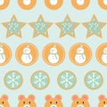 Seamless pattern of winter holiday cookies with snowmen, snowflakes, stars and bears on a mint green background. Royalty Free Stock Photo