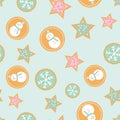 Seamless pattern of winter holiday cookies with snowmen, snowflakes, and stars a mint green background. Royalty Free Stock Photo