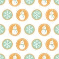 Seamless pattern of winter holiday cookies with snowmen and snowflakes on a white background. Royalty Free Stock Photo