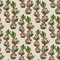 Seamless pattern with winter Holly berries and leaves.