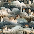 Seamless pattern with winter houses and trees. Detailed background in soft neutral colors, texture design for fabric textile or