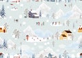 Seamless pattern Winter landscape,Celebrating Christmas and New Year 2024 in village at night with happy people playing ice skate