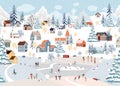 Seamless pattern Winter landscape,Celebrating Christmas and New Year 2024 in village at night with happy people playing ice skate