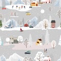 Seamless pattern Winter landscape in small town with people celebrating, Vector cute winter wonderland in the village with happy